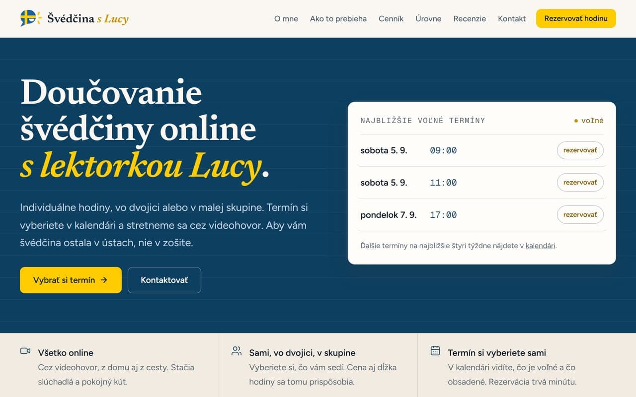 Náhľad webu Švédčina s Lucy na počítači